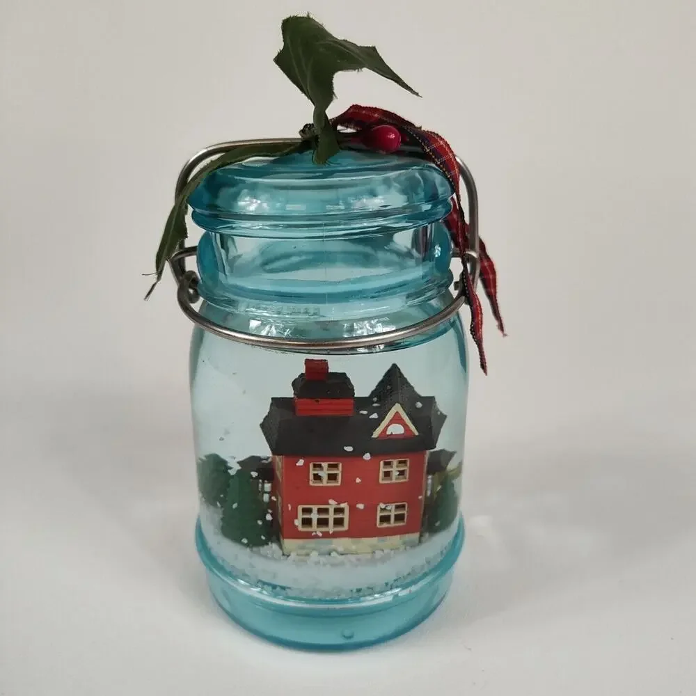 Vintage Enesco Plastic Mason Jar‎ Christmas House Snow Globe 1989